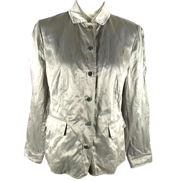 Chico's Women's Jacket Size 1 Gray Green Metallic Snap Long Sleeve Crinkle Y 2 K - Picture 8 of 11
